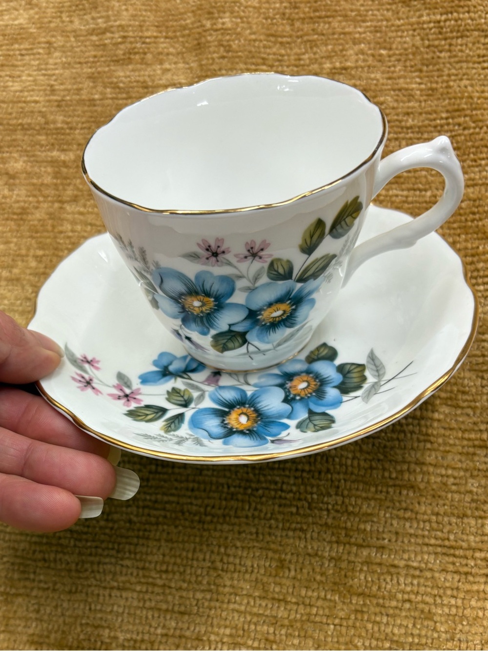 Royal Grafton Blue Floral Porcelain Tea Cup and Saucer with Gold Trim